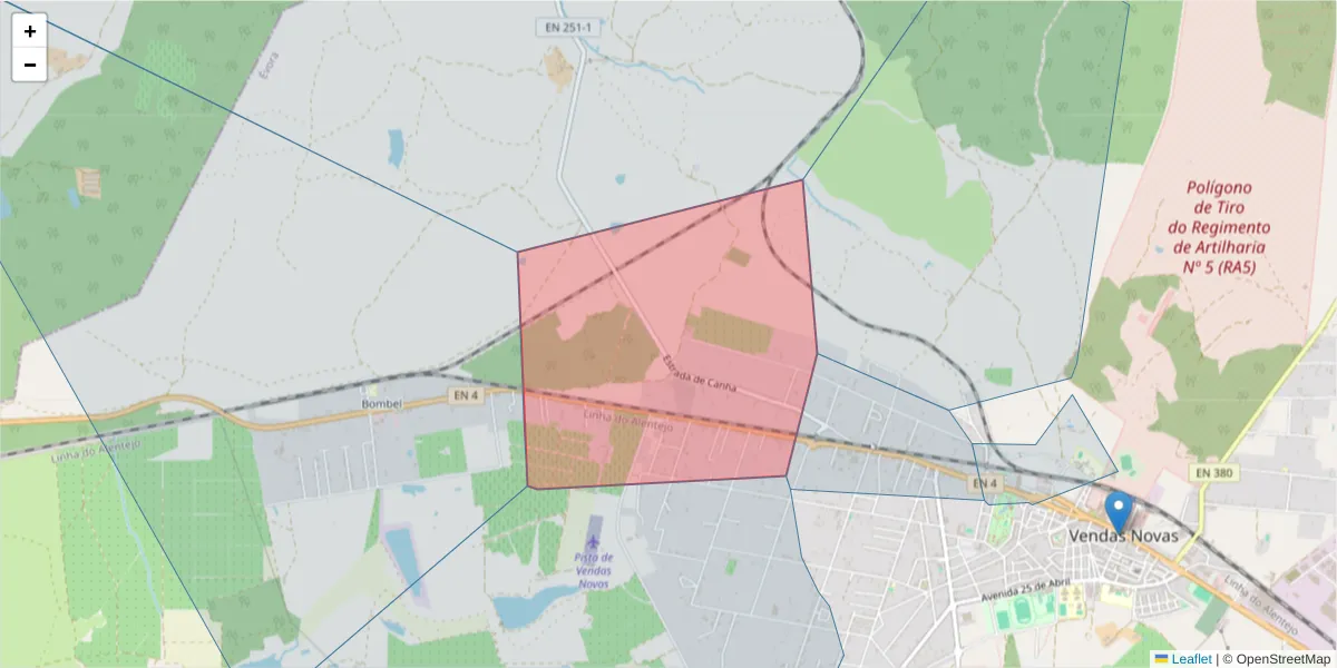 Mapa detalhado do código postal 7080-318 com limites, códigos postais vizinhos e agências dos correios