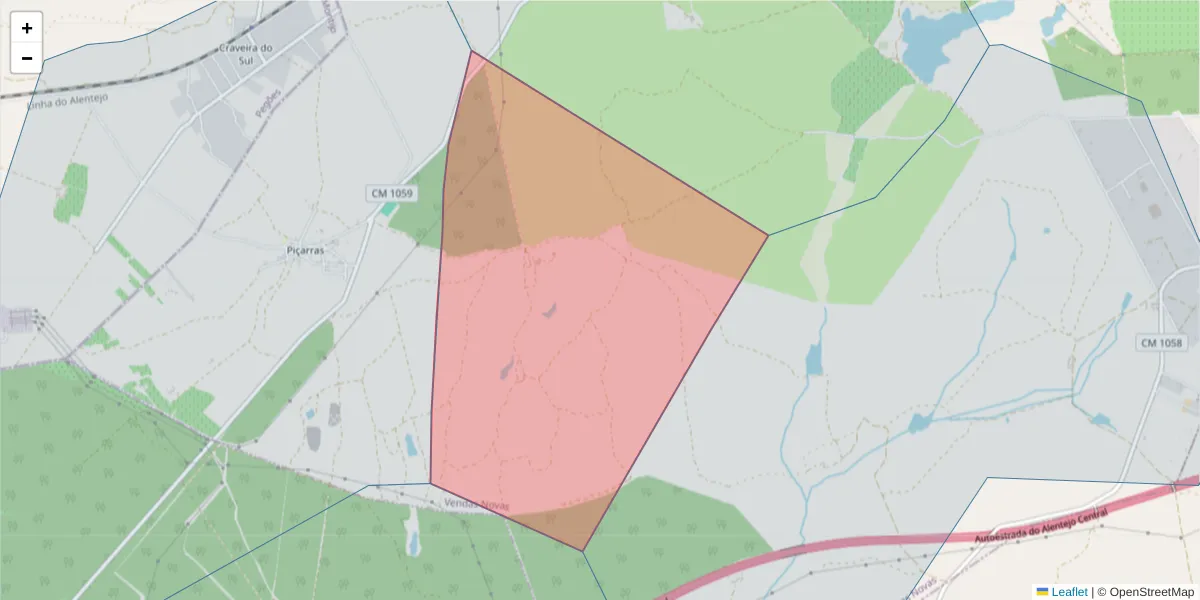 Mapa detalhado do código postal 7080-324 com limites, códigos postais vizinhos e agências dos correios