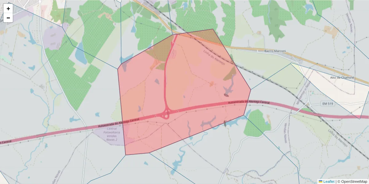 Mapa detalhado do código postal 7080-349 com limites, códigos postais vizinhos e agências dos correios