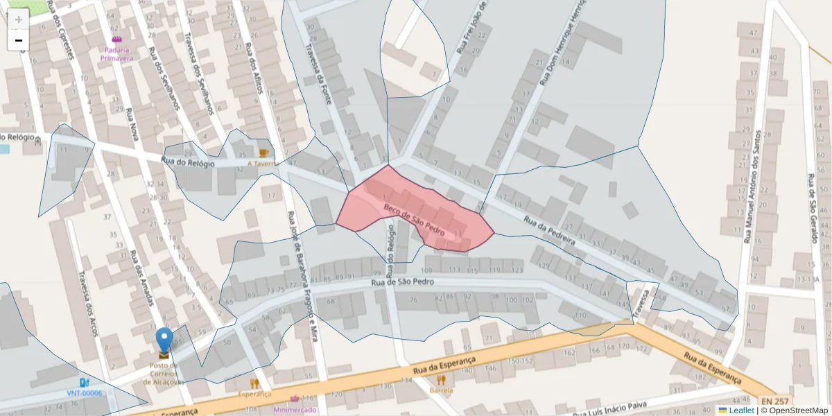 Mapa detalhado do código postal 7090-010 com limites, códigos postais vizinhos e agências dos correios