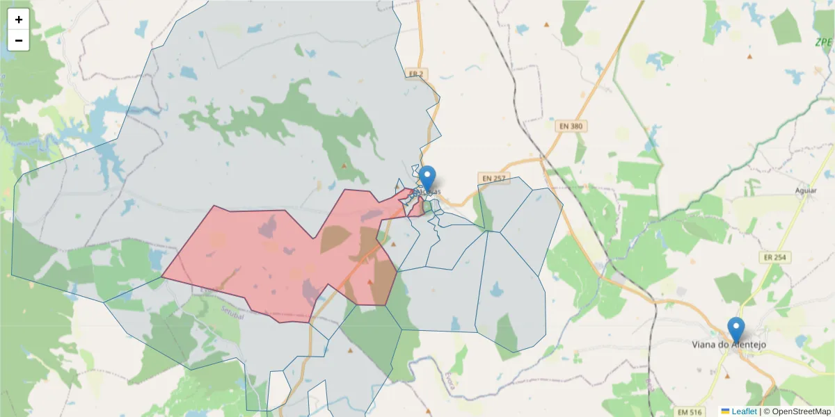 Mapa detalhado do código postal 7090-021 com limites, códigos postais vizinhos e agências dos correios