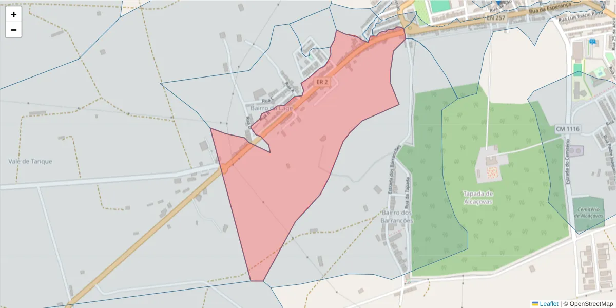 Mapa detalhado do código postal 7090-022 com limites, códigos postais vizinhos e agências dos correios