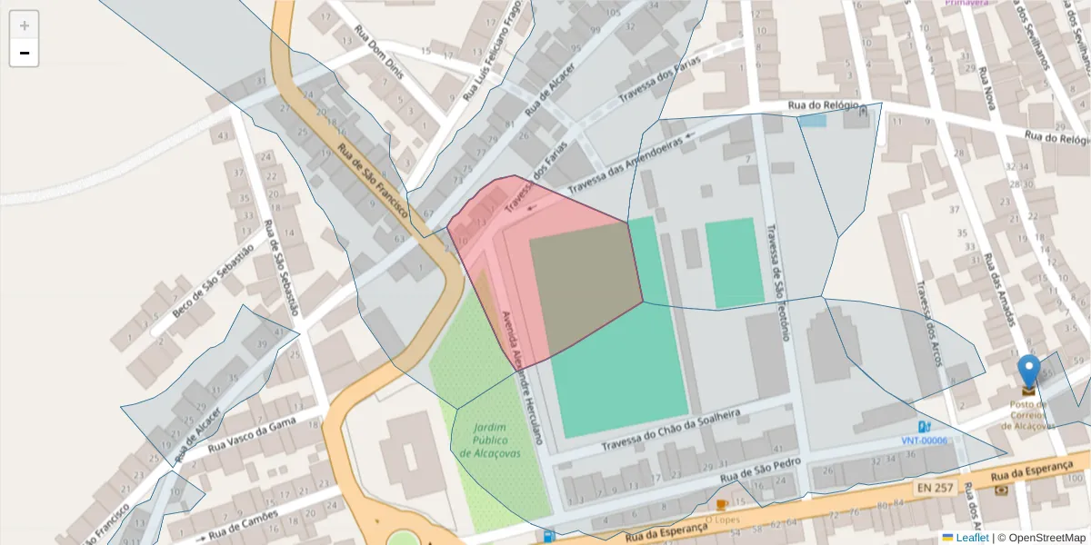 Mapa detalhado do código postal 7090-024 com limites, códigos postais vizinhos e agências dos correios