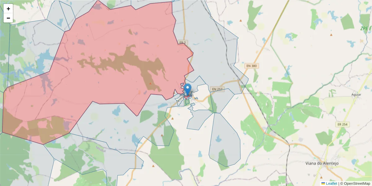 Mapa detalhado do código postal 7090-029 com limites, códigos postais vizinhos e agências dos correios