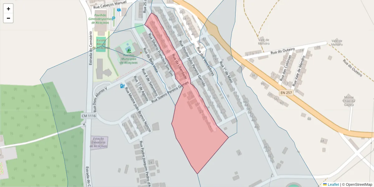Mapa detalhado do código postal 7090-030 com limites, códigos postais vizinhos e agências dos correios