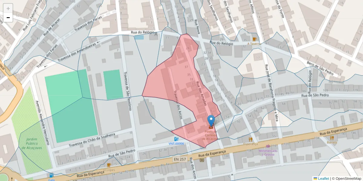 Mapa detalhado do código postal 7090-034 com limites, códigos postais vizinhos e agências dos correios