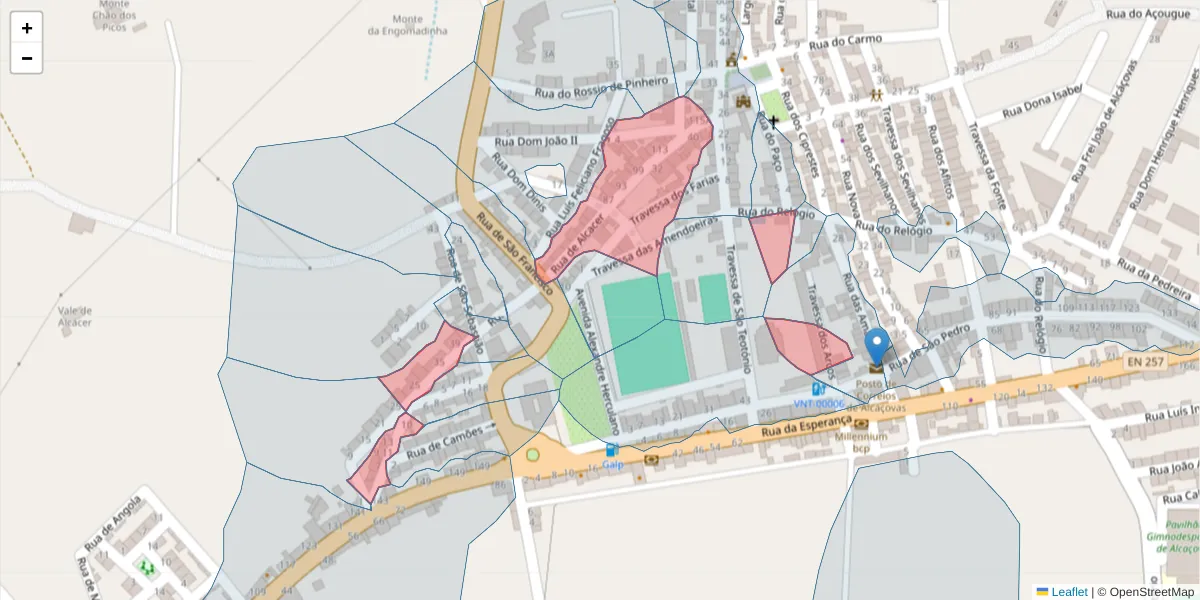 Mapa detalhado do código postal 7090-036 com limites, códigos postais vizinhos e agências dos correios