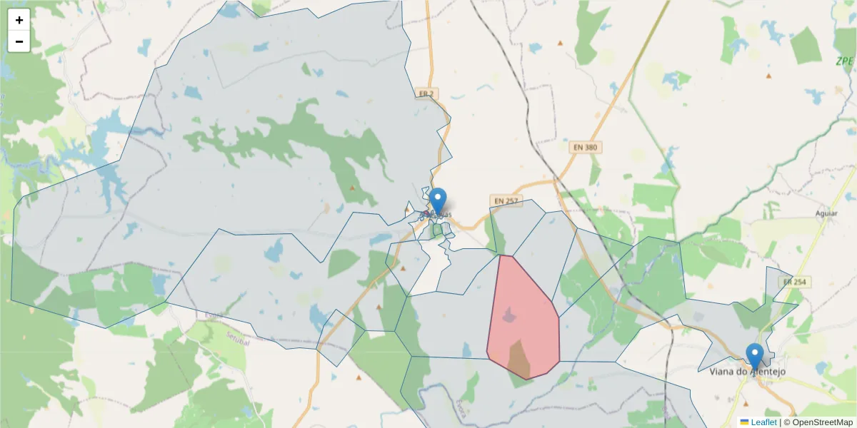 Mapa detalhado do código postal 7090-042 com limites, códigos postais vizinhos e agências dos correios