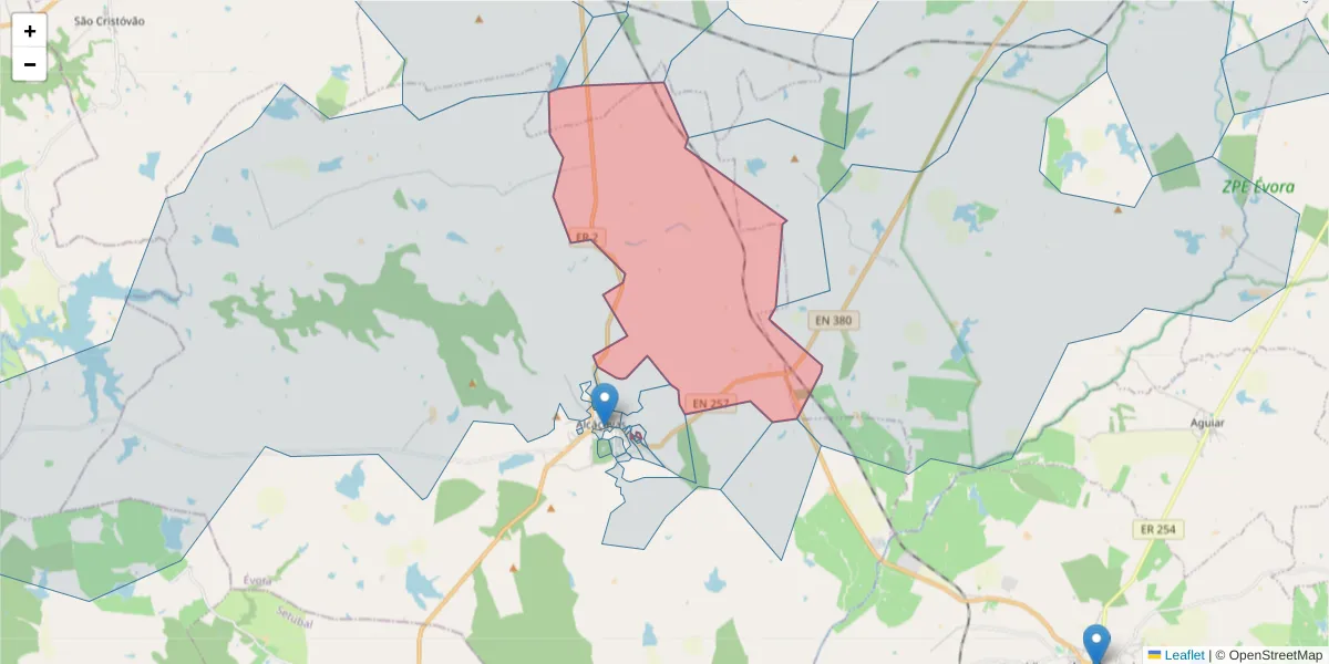 Mapa detalhado do código postal 7090-046 com limites, códigos postais vizinhos e agências dos correios