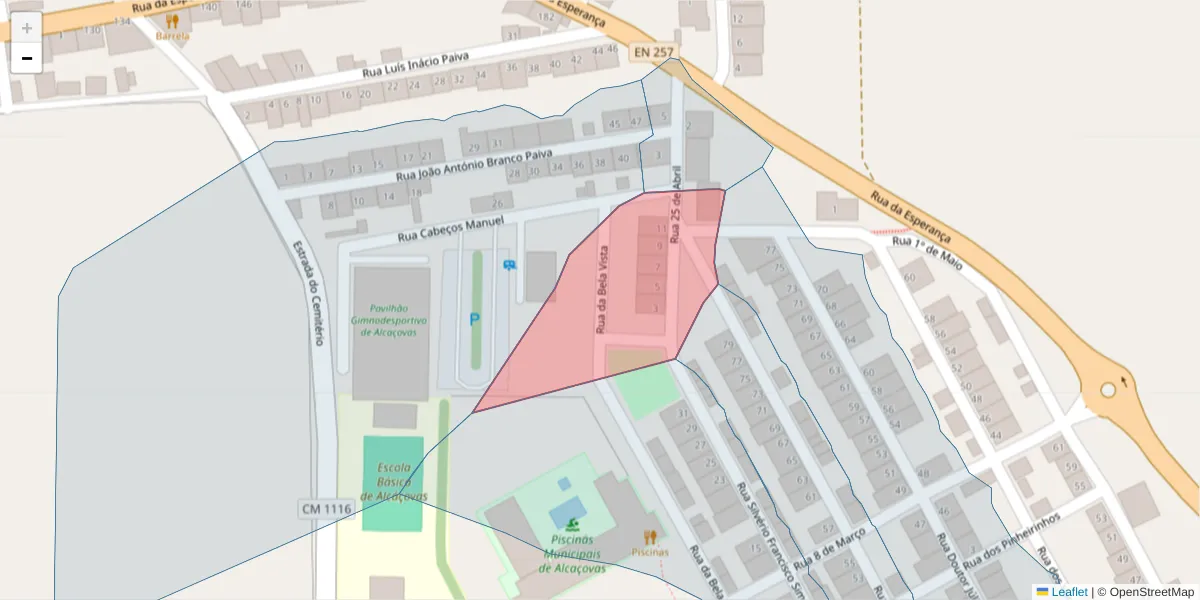 Mapa detalhado do código postal 7090-052 com limites, códigos postais vizinhos e agências dos correios