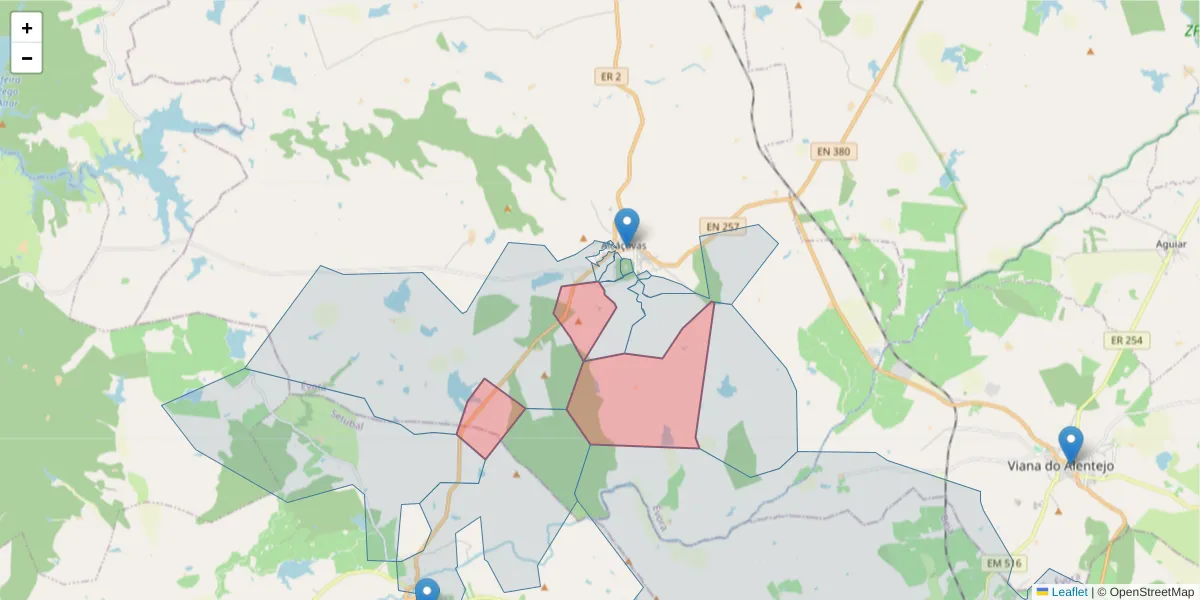 Mapa detalhado do código postal 7090-097 com limites, códigos postais vizinhos e agências dos correios