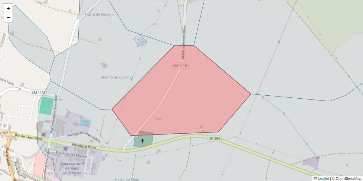 Mapa detalhado do código postal 7090-209 com limites, códigos postais vizinhos e agências dos correios