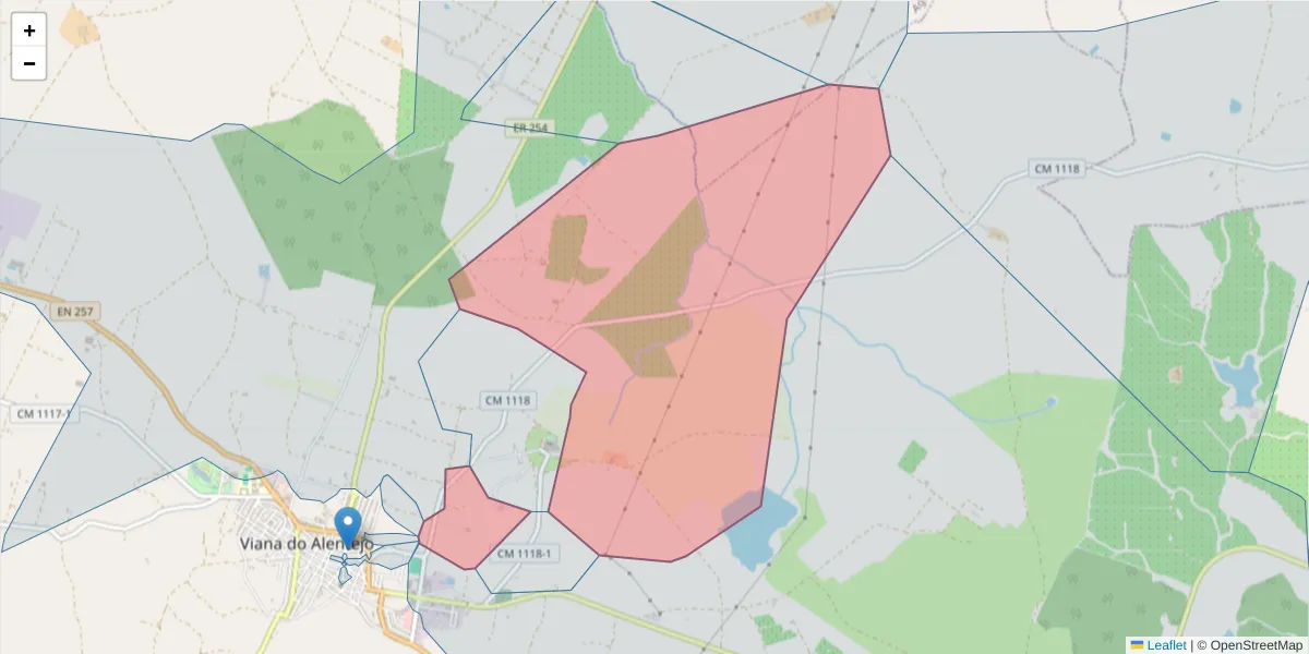 Mapa detalhado do código postal 7090-216 com limites, códigos postais vizinhos e agências dos correios