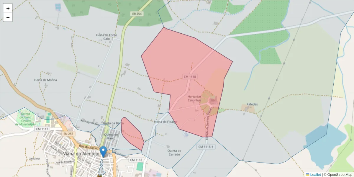 Mapa detalhado do código postal 7090-217 com limites, códigos postais vizinhos e agências dos correios