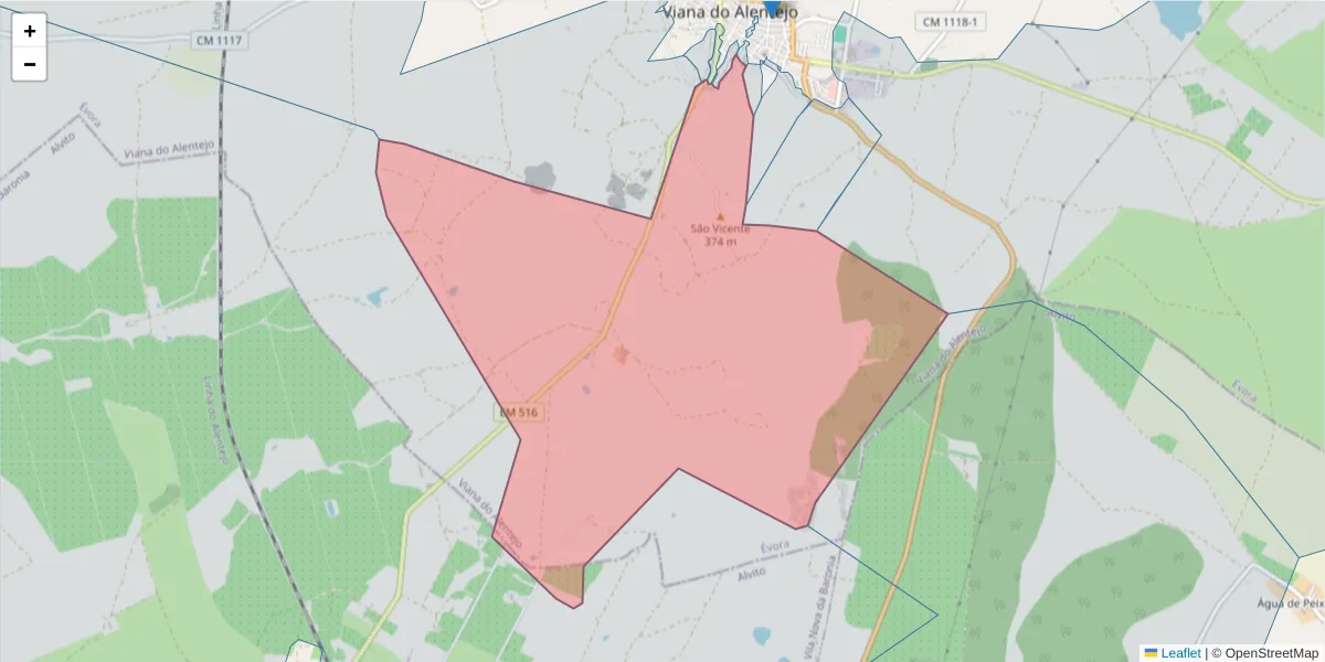 Mapa detalhado do código postal 7090-224 com limites, códigos postais vizinhos e agências dos correios