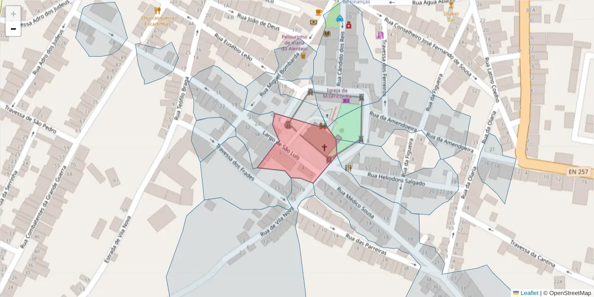 Mapa detalhado do código postal 7090-227 com limites, códigos postais vizinhos e agências dos correios