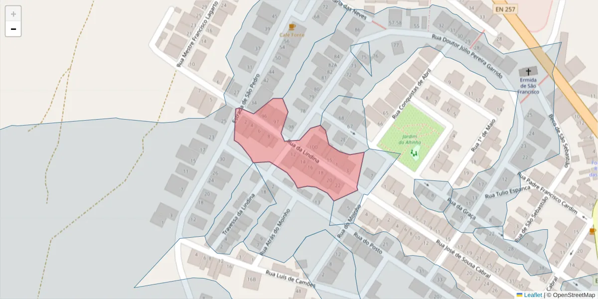 Mapa detalhado do código postal 7090-245 com limites, códigos postais vizinhos e agências dos correios