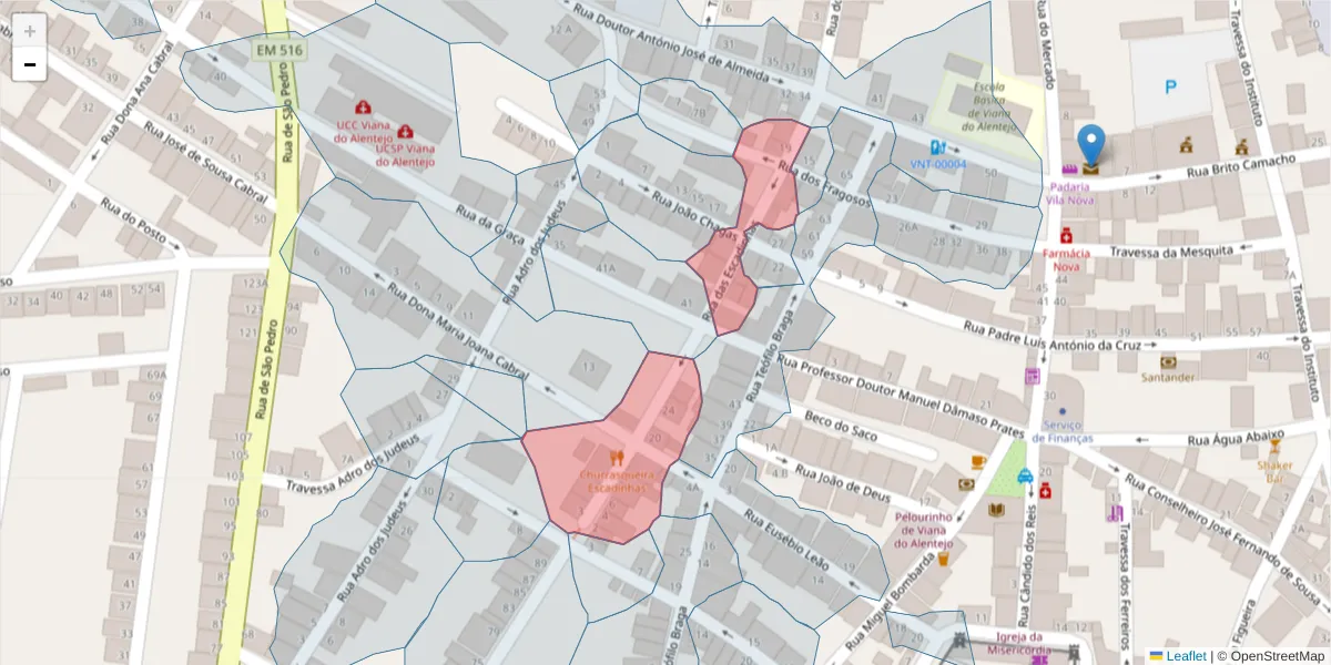 Mapa detalhado do código postal 7090-249 com limites, códigos postais vizinhos e agências dos correios