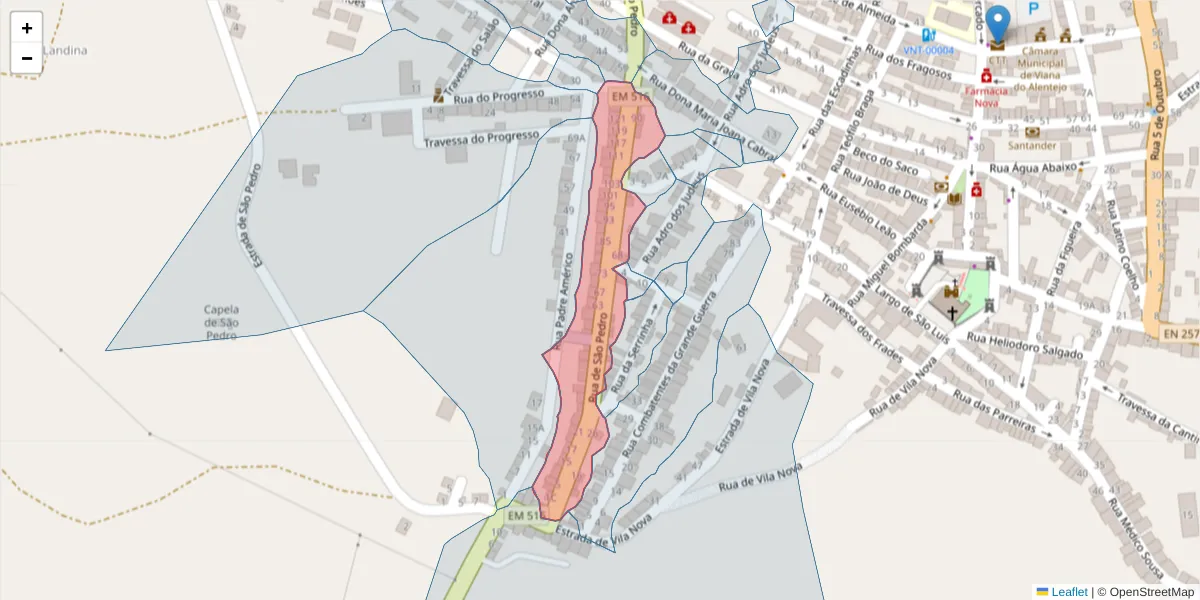 Mapa detalhado do código postal 7090-251 com limites, códigos postais vizinhos e agências dos correios