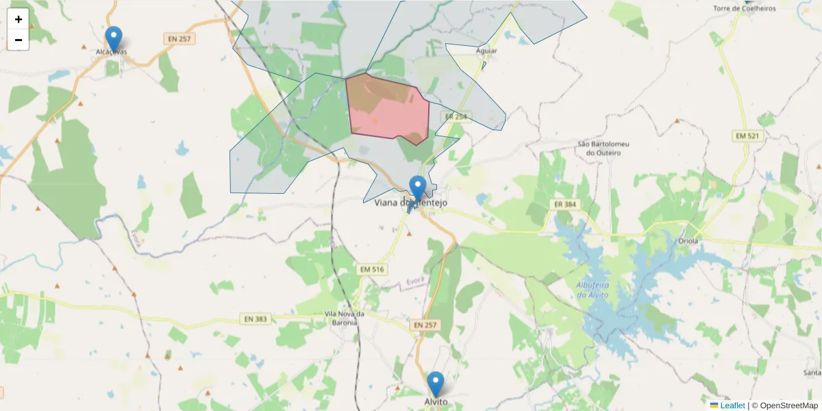 Mapa detalhado do código postal 7090-254 com limites, códigos postais vizinhos e agências dos correios