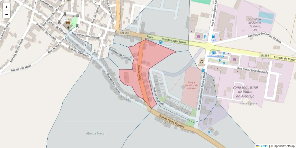 Mapa detalhado do código postal 7090-255 com limites, códigos postais vizinhos e agências dos correios