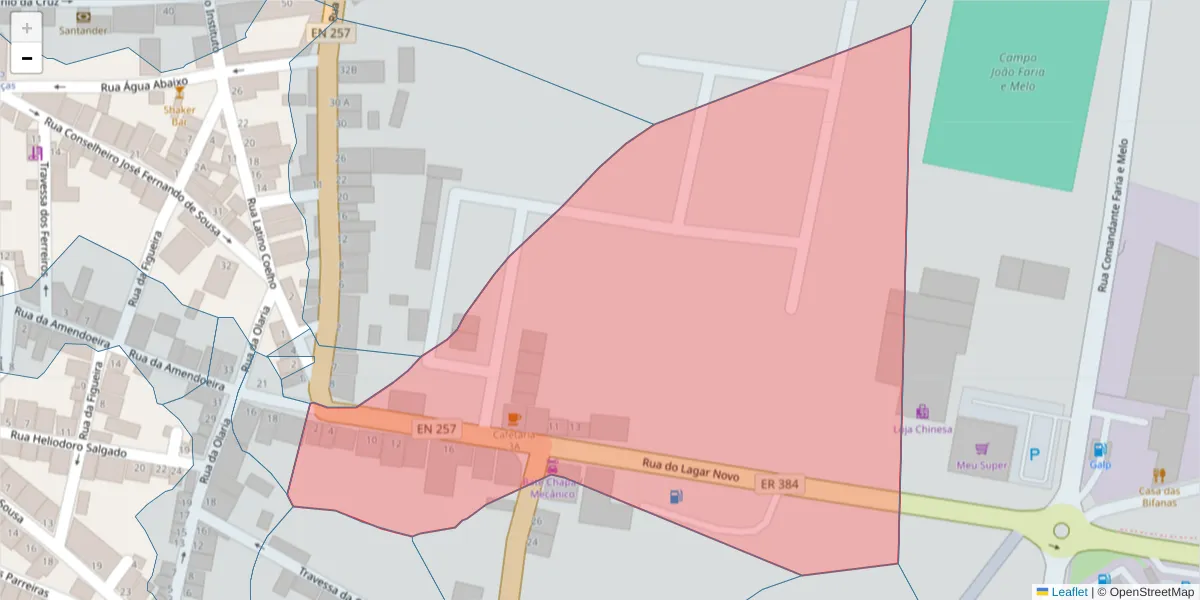 Mapa detalhado do código postal 7090-258 com limites, códigos postais vizinhos e agências dos correios