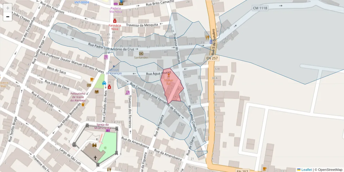 Mapa detalhado do código postal 7090-268 com limites, códigos postais vizinhos e agências dos correios