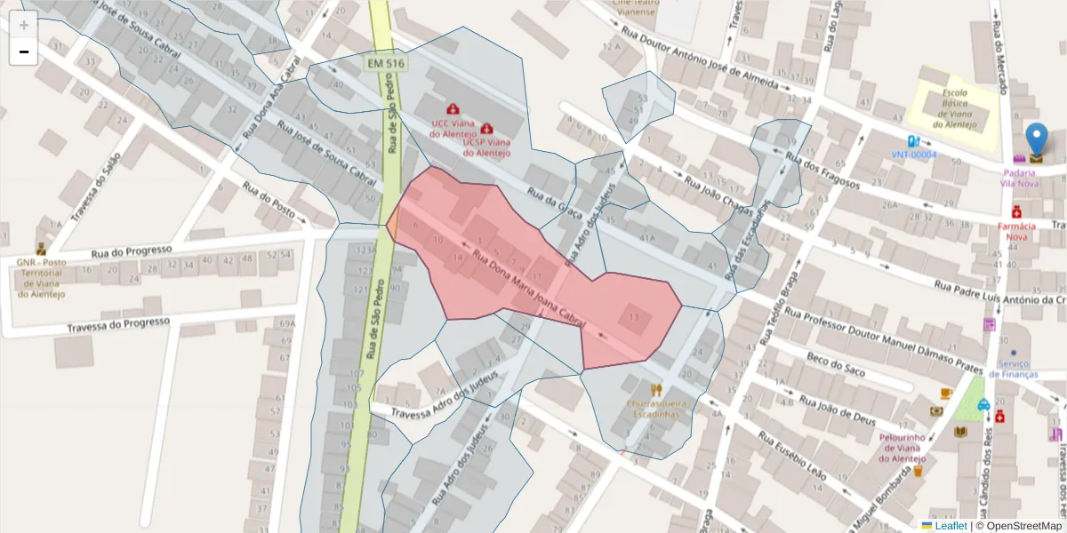 Mapa detalhado do código postal 7090-279 com limites, códigos postais vizinhos e agências dos correios