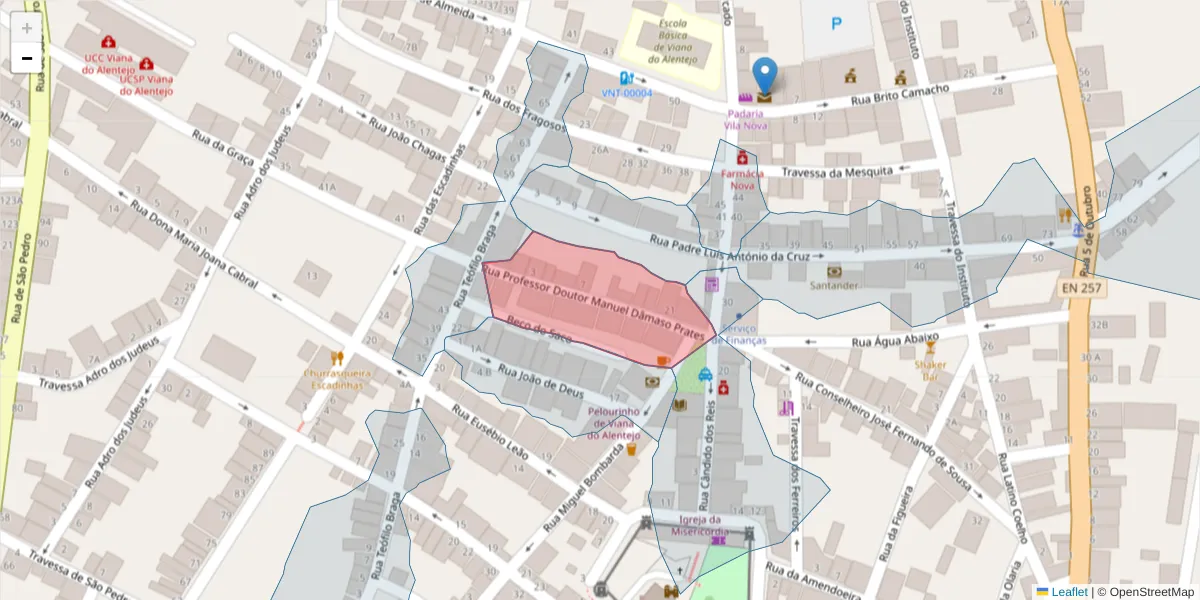 Mapa detalhado do código postal 7090-285 com limites, códigos postais vizinhos e agências dos correios