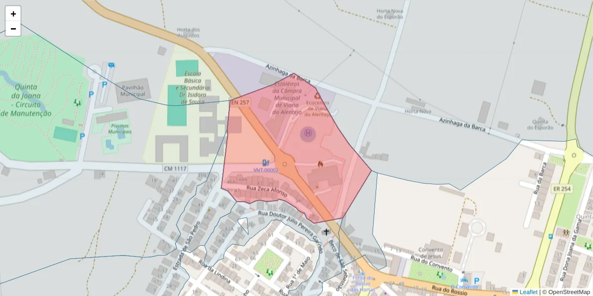 Mapa detalhado do código postal 7090-287 com limites, códigos postais vizinhos e agências dos correios