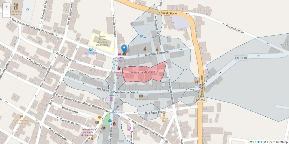 Mapa detalhado do código postal 7090-290 com limites, códigos postais vizinhos e agências dos correios