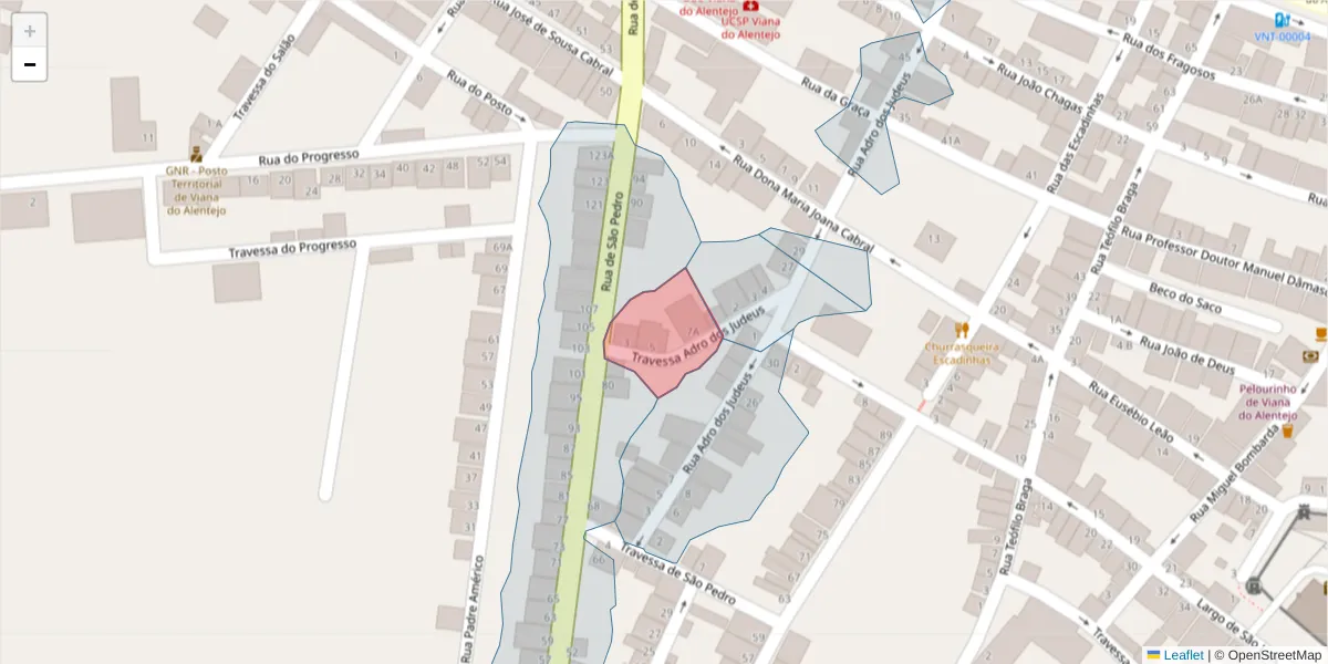 Mapa detalhado do código postal 7090-292 com limites, códigos postais vizinhos e agências dos correios