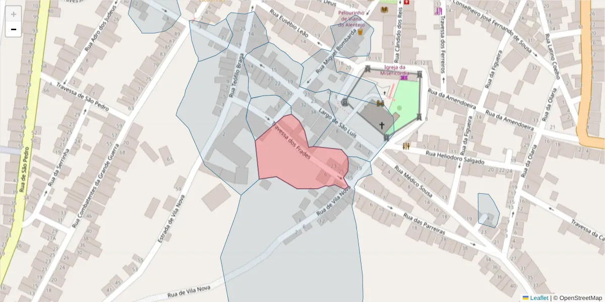 Mapa detalhado do código postal 7090-296 com limites, códigos postais vizinhos e agências dos correios