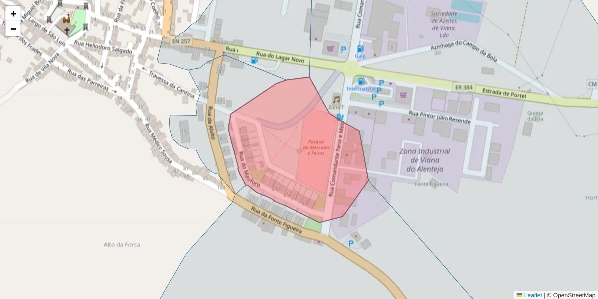 Mapa detalhado do código postal 7090-299 com limites, códigos postais vizinhos e agências dos correios