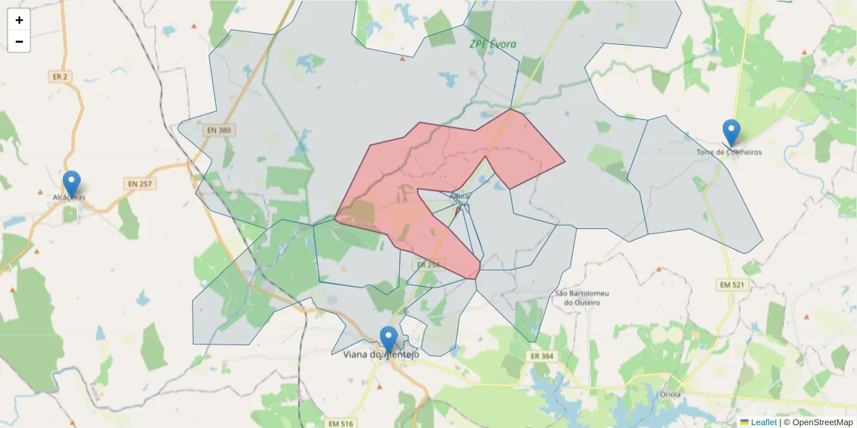 Mapa detalhado do código postal 7090-432 com limites, códigos postais vizinhos e agências dos correios