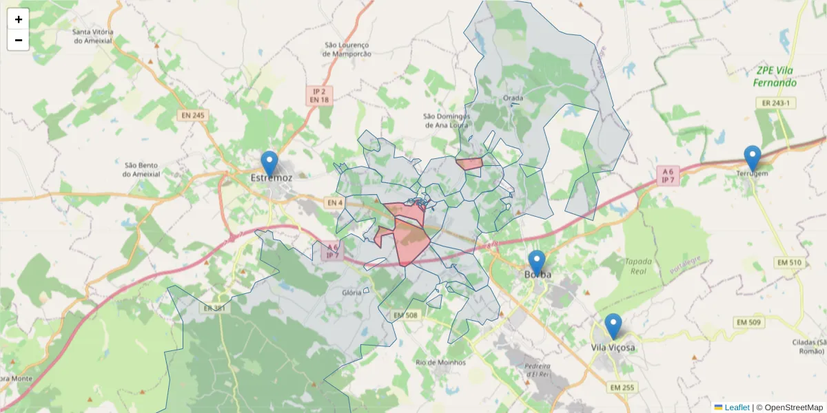 Mapa detalhado do código postal 7100-011 com limites, códigos postais vizinhos e agências dos correios