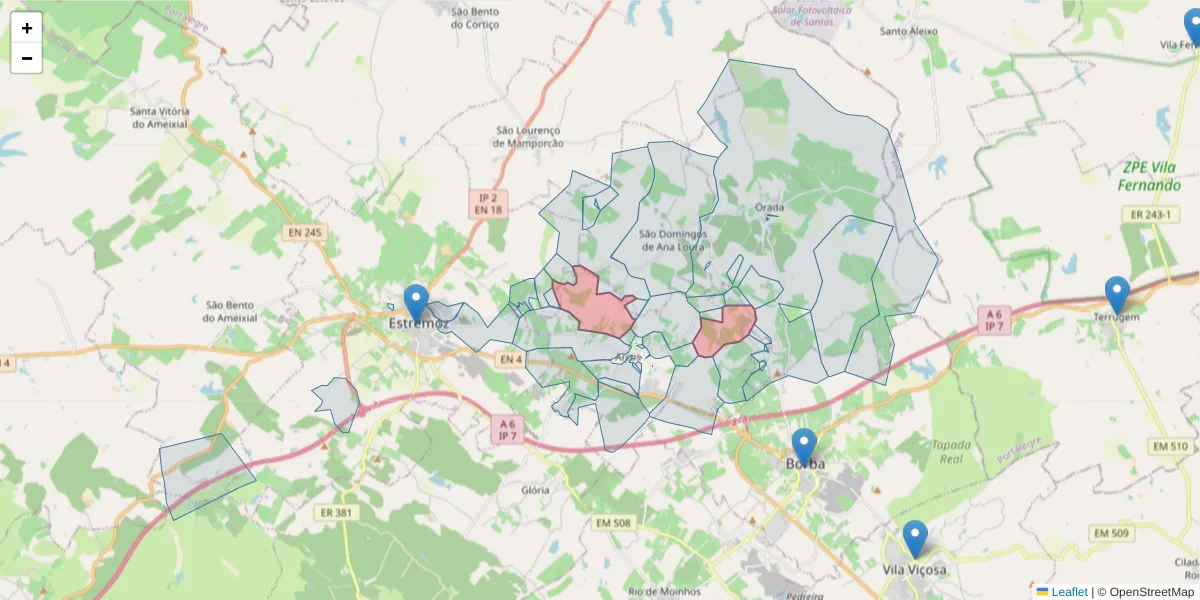 Mapa detalhado do código postal 7100-012 com limites, códigos postais vizinhos e agências dos correios