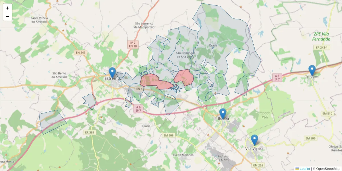 Mapa detalhado do código postal 7100-014 com limites, códigos postais vizinhos e agências dos correios