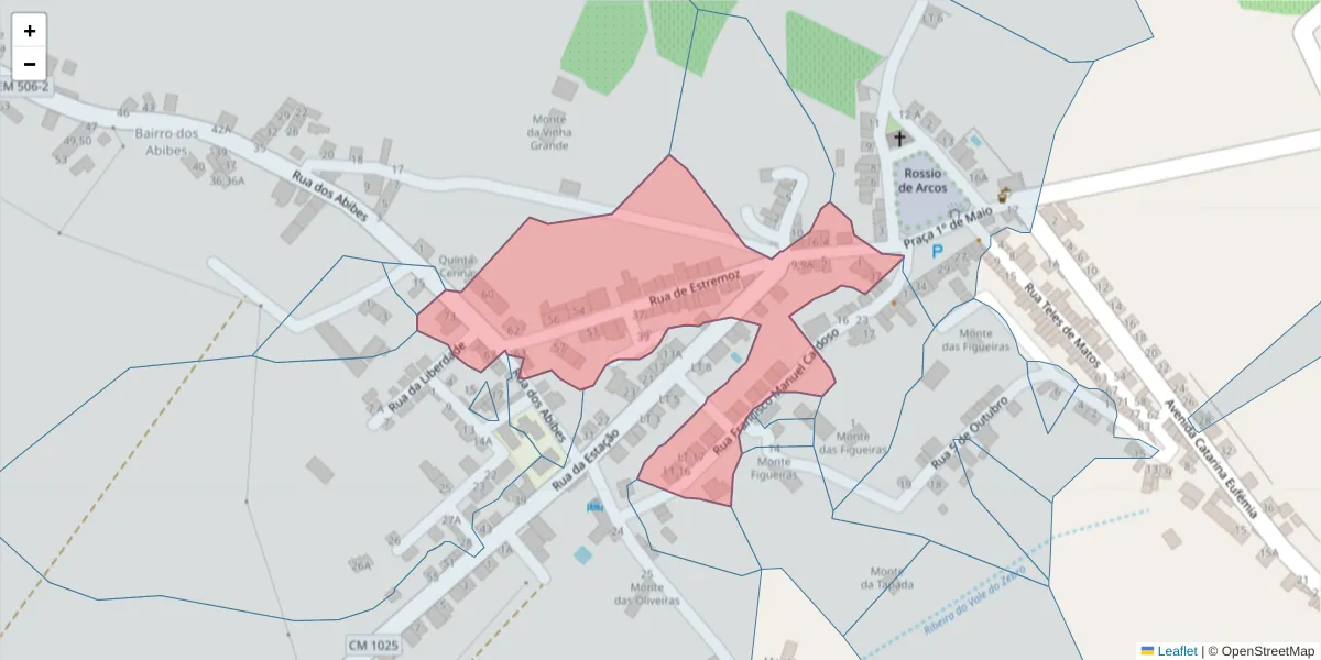 Mapa detalhado do código postal 7100-025 com limites, códigos postais vizinhos e agências dos correios