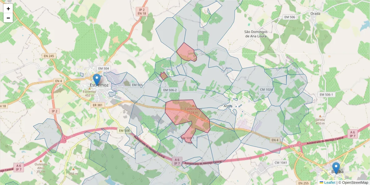Mapa detalhado do código postal 7100-032 com limites, códigos postais vizinhos e agências dos correios