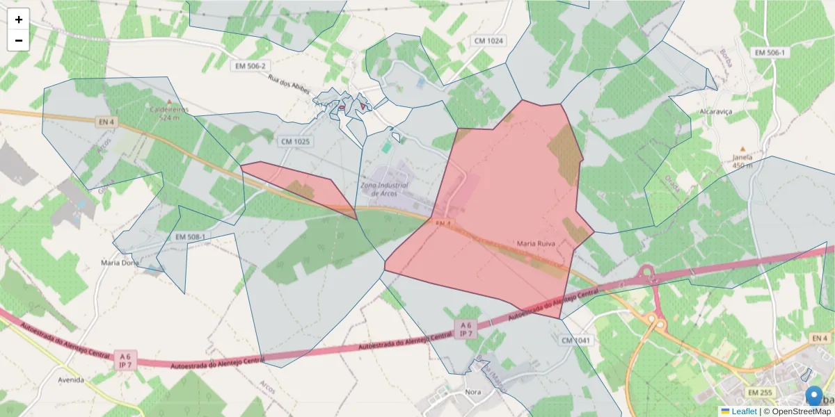 Mapa detalhado do código postal 7100-033 com limites, códigos postais vizinhos e agências dos correios