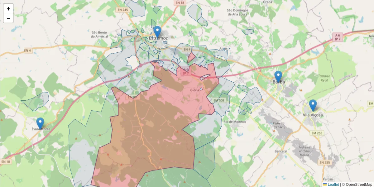 Mapa detalhado do código postal 7100-040 com limites, códigos postais vizinhos e agências dos correios