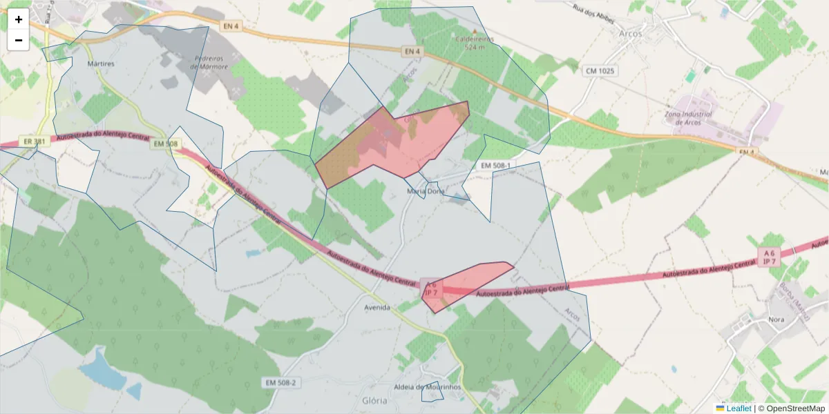 Mapa detalhado do código postal 7100-042 com limites, códigos postais vizinhos e agências dos correios