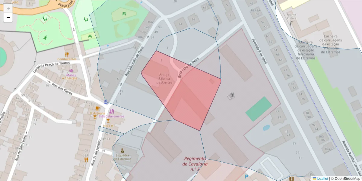 Mapa detalhado do código postal 7100-050 com limites, códigos postais vizinhos e agências dos correios