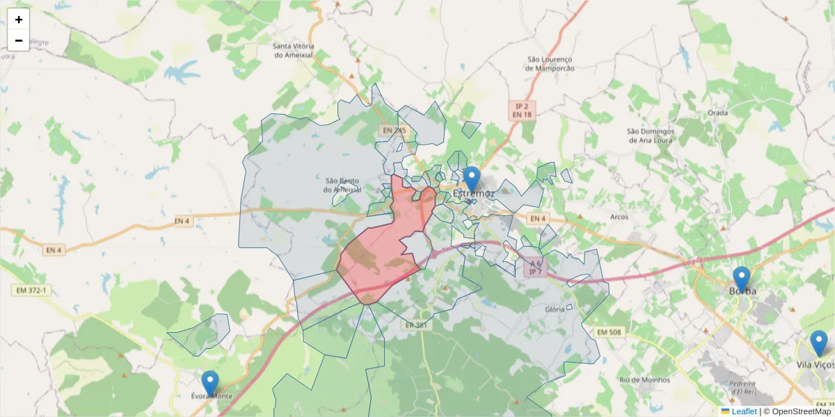 Mapa detalhado do código postal 7100-052 com limites, códigos postais vizinhos e agências dos correios