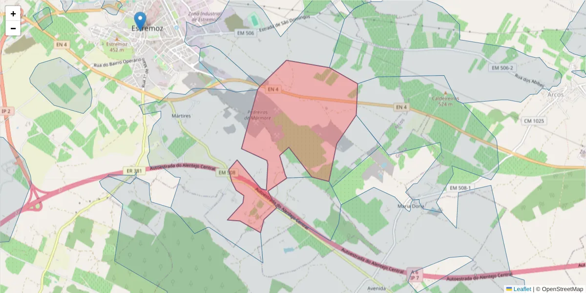 Mapa detalhado do código postal 7100-058 com limites, códigos postais vizinhos e agências dos correios