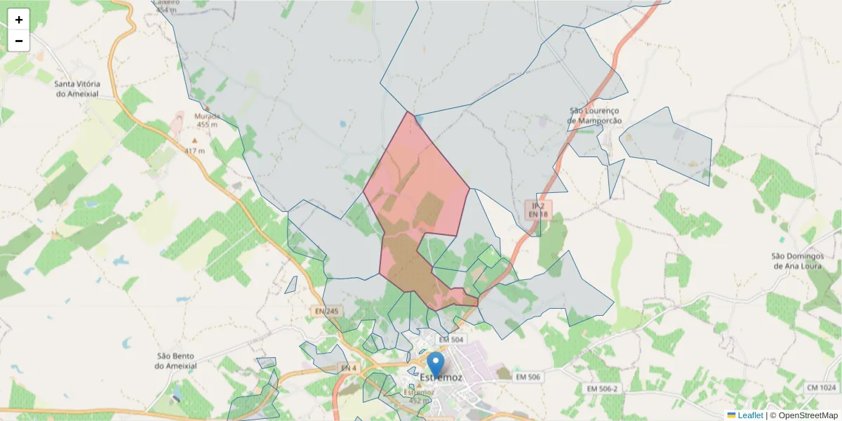 Mapa detalhado do código postal 7100-059 com limites, códigos postais vizinhos e agências dos correios
