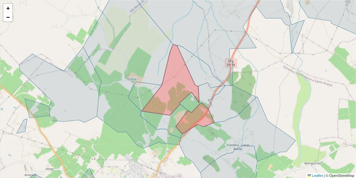 Mapa detalhado do código postal 7100-065 com limites, códigos postais vizinhos e agências dos correios