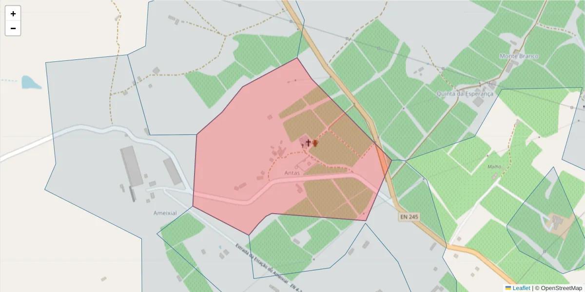 Mapa detalhado do código postal 7100-068 com limites, códigos postais vizinhos e agências dos correios