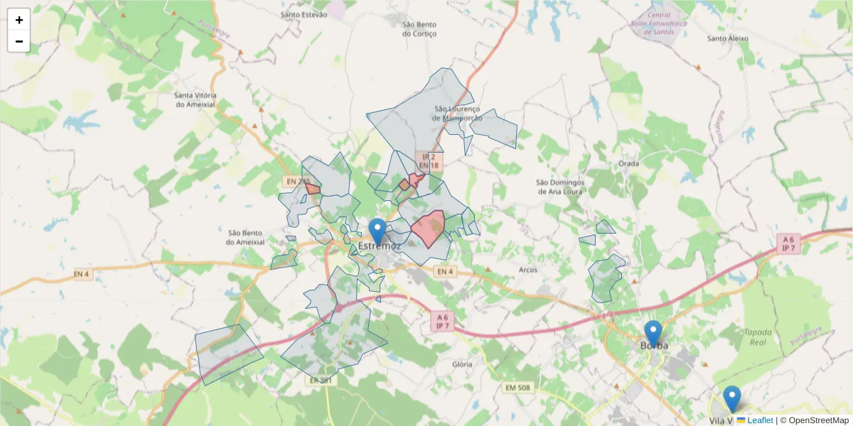 Mapa detalhado do código postal 7100-070 com limites, códigos postais vizinhos e agências dos correios